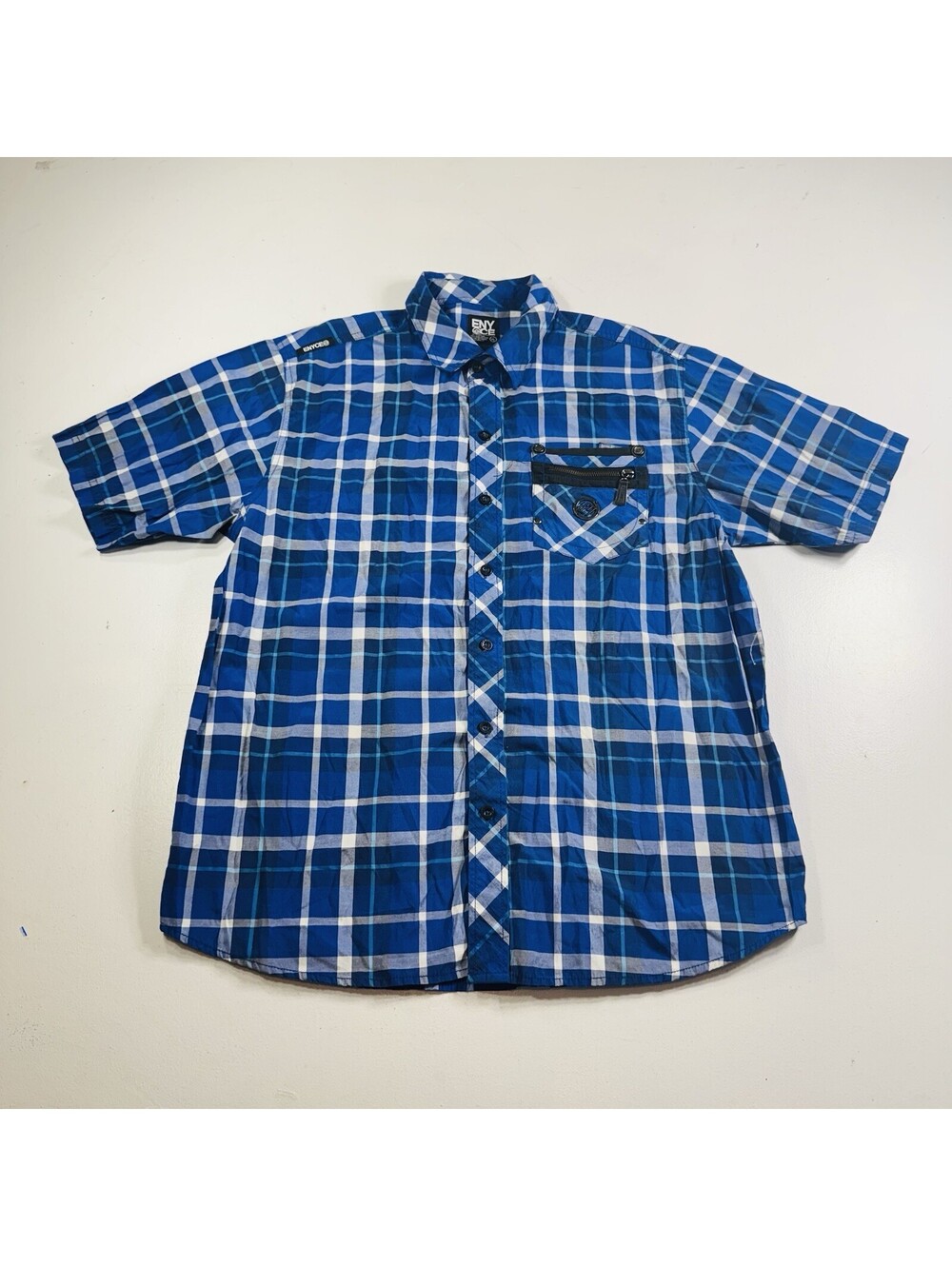Enyce Button Down Shirt Short Sleeve Blue Plaid Men’s Size XL